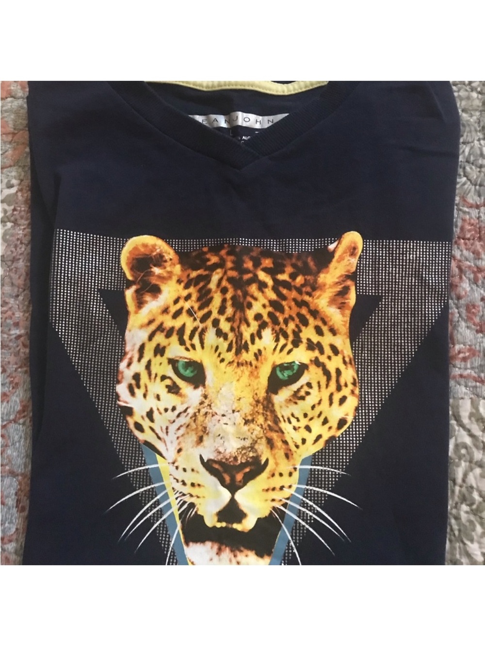 Sean John Navy Tee with Yellow Leopard Graphic and Green Eyes